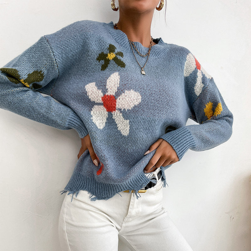 Pull Tricoté Motif Brocart Fleuri