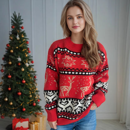 Pull Noël Rouge Jacquard Col Rond